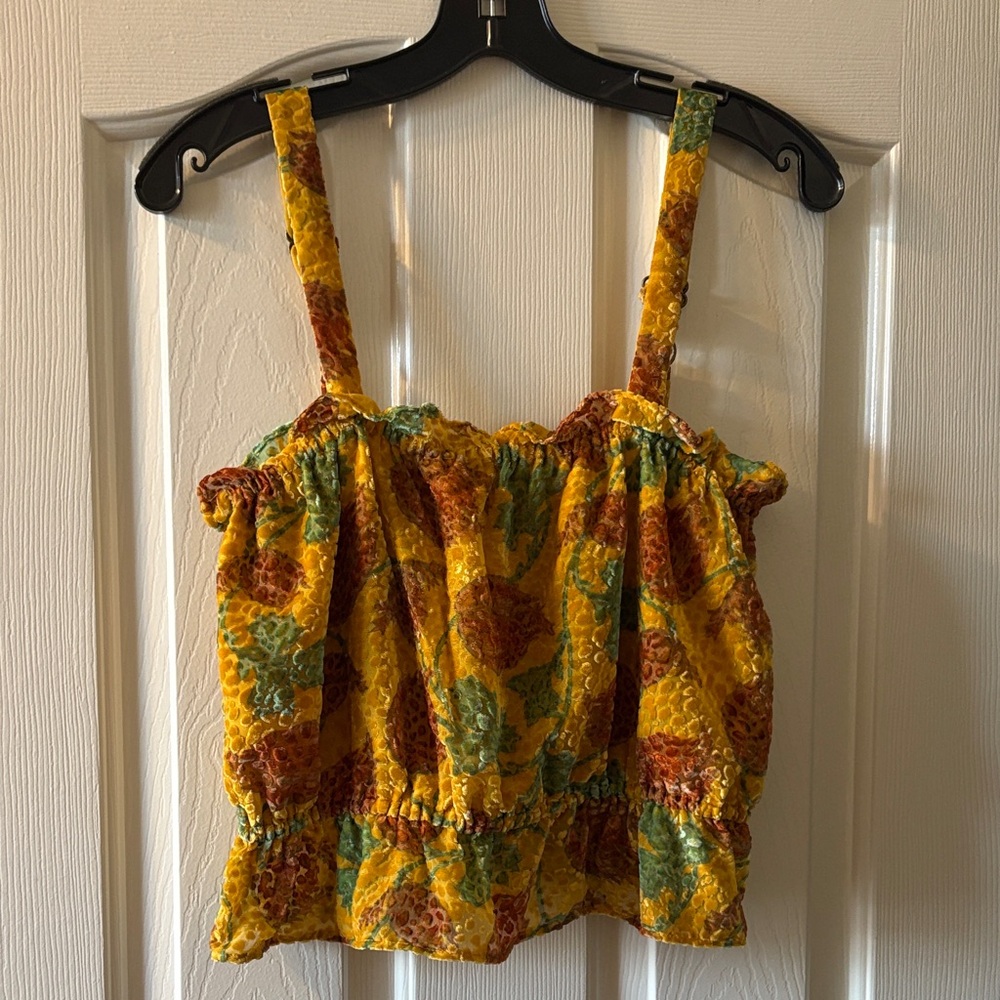 Anthropologie EUC Yellow, Brown and Green Floral Cropped Tank Top size M
